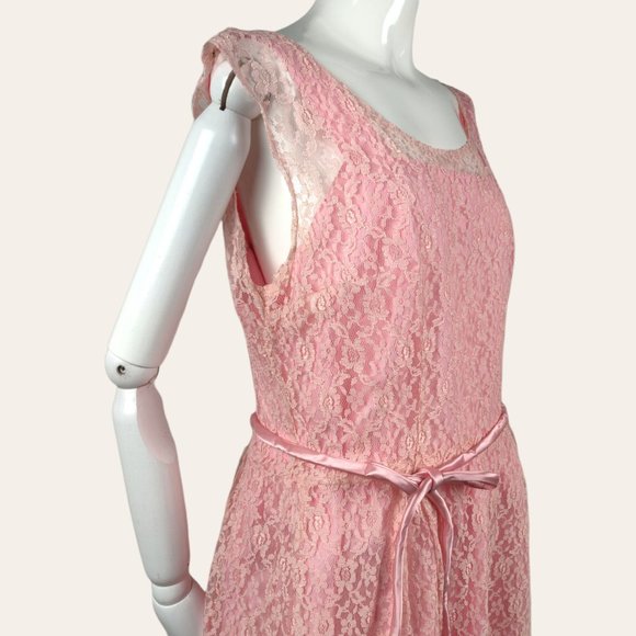 Vintage 1960s MCM Pink Lace Cocktail Dress Gown Long Sheath MOD Princess Core M - Picture 8 of 13